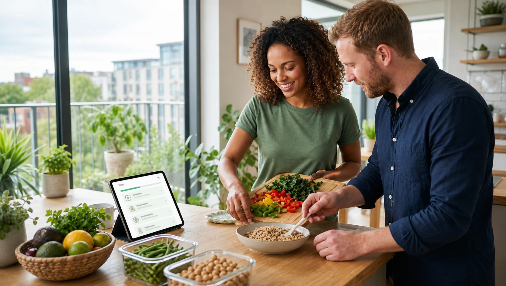 Two people preparing a healthy meal together with digital wellbeing guidance