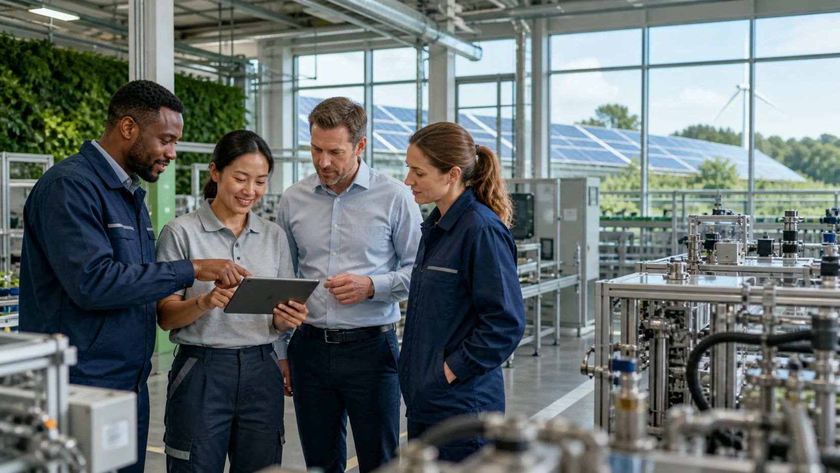 Industry professionals reviewing sustainability performance in a clean manufacturing facility
